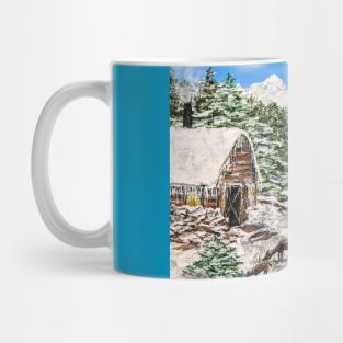 Winter deer by a cabin Mug